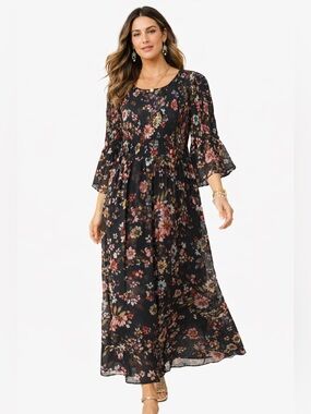 ECI New York Womens Black Floral Smocked Bell Sleeve Maxi Dress Size S